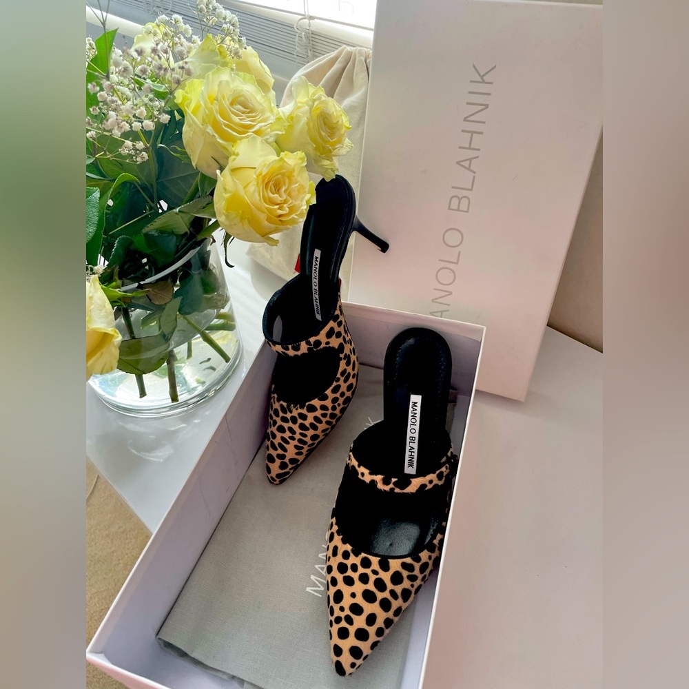 Brand New Manolo Blahnik Campari Leapord Mary Jane Mules, EU size 37